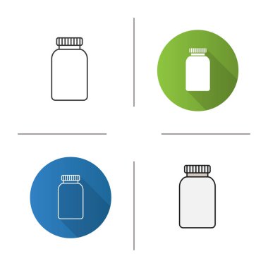 Doğum kontrol hapları simgesi şişe. İlaçlar. Tasarım, doğrusal düz ve stilleri renk. İzole vektör çizimler