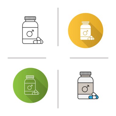 Erkek hapları şişe simgesi. Tasarım, doğrusal düz ve stilleri renk. İlaçlar. İzole vektör çizimler