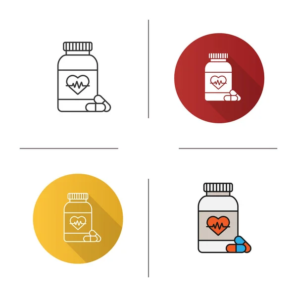 Garrafa Comprimidos Com Ícone Coração Suplemento Cardiovascular Medicamentos Design Plano —  Vetores de Stock