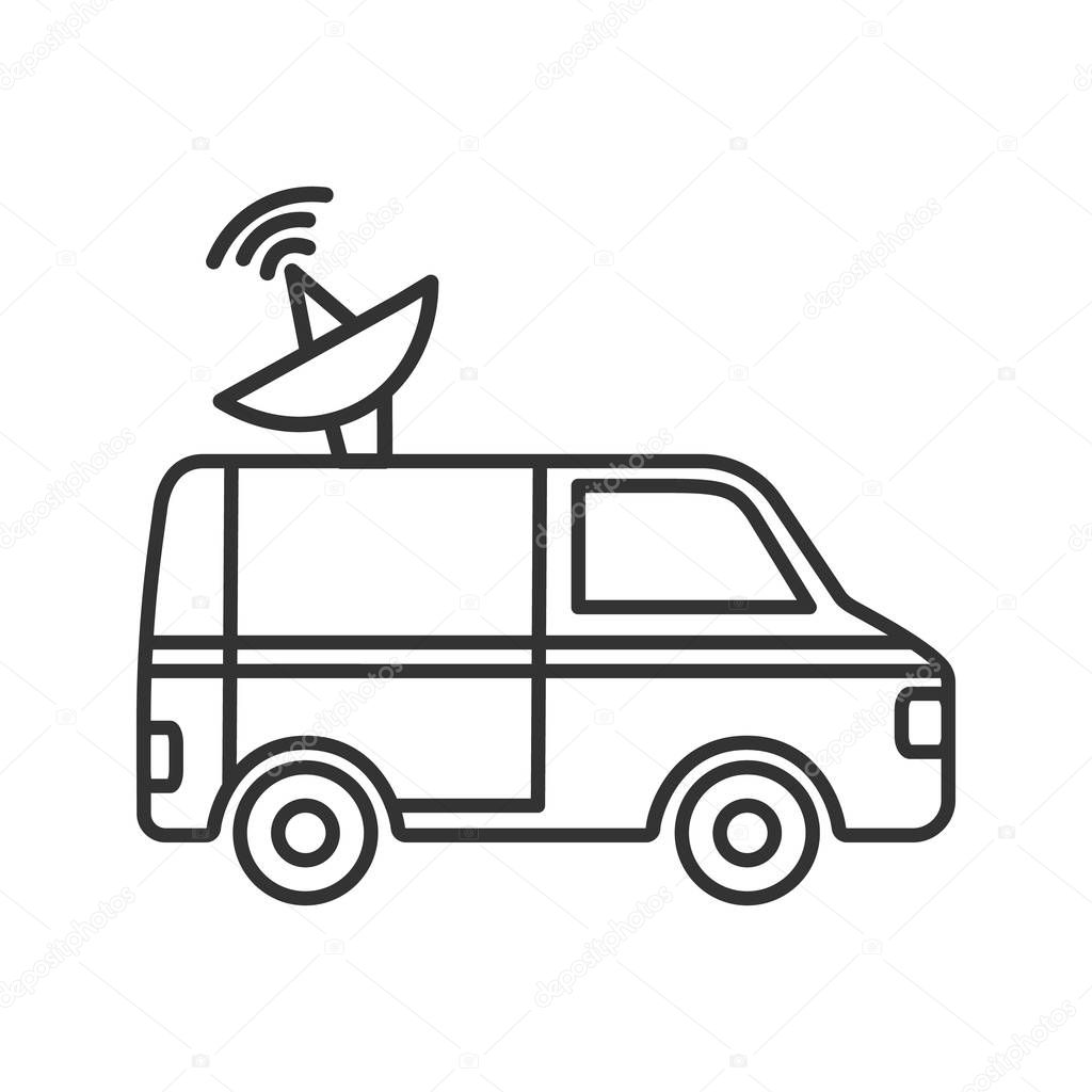 News van linear icon. Thin line illustration. Satellite truck. Remote television broadcasting. Contour symbol. Vector isolated outline drawing