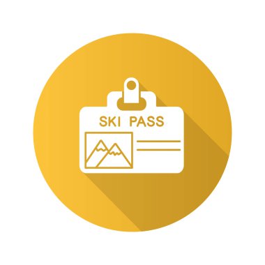 Ski pass rozet düz tasarım uzun gölge glif simgesi. Asansör bilet. Vektör siluet çizimi