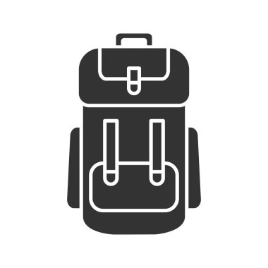 Kamp sırt çantası glif simgesi. Sırt çantası, sırt çantası. Siluet simge. Negatif alan. İzole vektör çizim