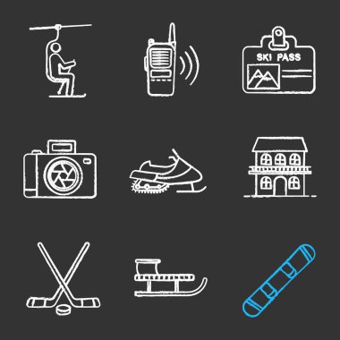 Winter activities chalk icons set. Snowboard, sled, photo camera, walkie talkie, chairlift, ski pass badge, ice hockey sticks and puck, snowmobile, hotel. Isolated vector chalkboard illustrations clipart