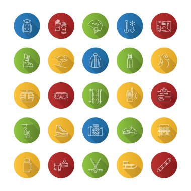 Kış etkinlikleri düz doğrusal uzun gölge Icons set. Kayak, snowboard pateni. Spor donatımı, giyim, taşıma hizmeti