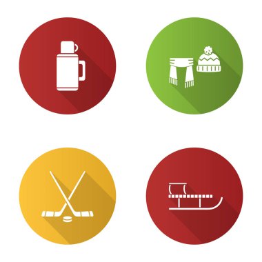 Kış etkinlikleri düz tasarım uzun gölge glif Icons set. Termos, atkı ve şapka, buz hokey sopaları ve puck, kızak. Vektör siluet çizimi