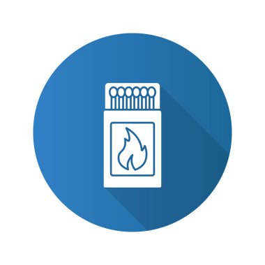 Matchsticks düz tasarım uzun gölge glif simgesi ile açık kibrit kutusu. Vektör siluet çizimi