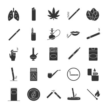 Sigara glif Icons set. Sigara, cihazlar, esrar kültür sigara. Siluet simgeler. İzole vektör çizim