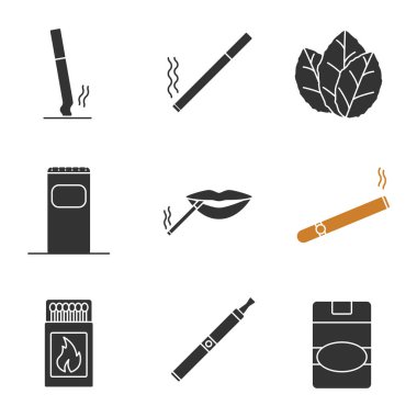 Sigara glif Icons set. Çarptım ve yanan sigara, tütün yaprakları, çöp kutusu, Sigara içenler ağız, puro, kibrit kutusu, vape, Sigara paketi. Siluet simgeler. İzole vektör çizim