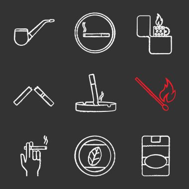 Sigara tebeşir Icons set. Tütün yaprağı ve boru alan, Sigara, çakmak, kırık ve çarptım sigara, kibrit çöpü, Sigara içenler el, Sigara paketi flip. İzole vektör kara tahta çizimler