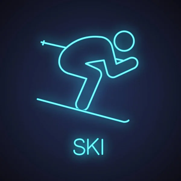 滑雪者霓虹灯图标 滑雪的人 发光的标志 矢量隔离插图 — 图库矢量图片