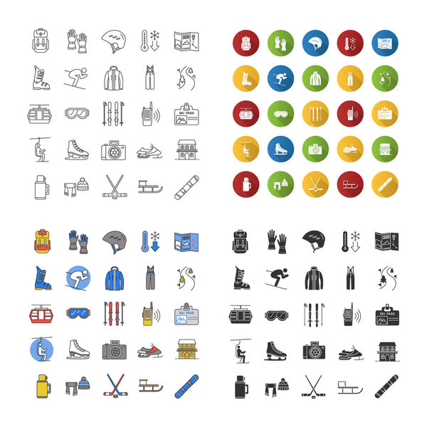 Winter activities icons set. Skiing, skating, snowboarding. Sport equipment, clothes, transport, service. Linear, flat design, color and glyph styles. isolated vector illustrations