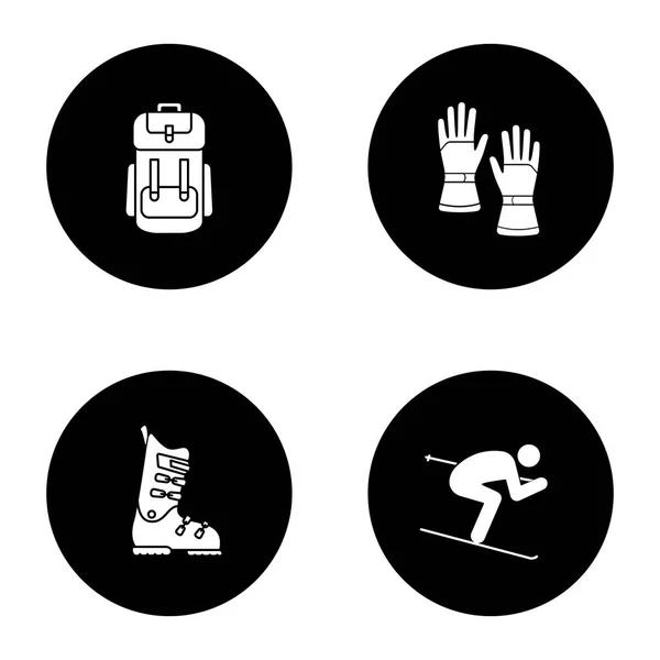 Winteraktivitäten Glyphen Symbole Gesetzt Rucksack Skihandschuhe Und Schuhe Skifahrer Vektor — Stockvektor