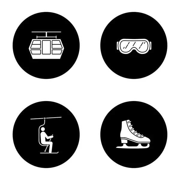 Winter Activities Glyph Icons Set Funicular Ski Goggles Chairlift Ice — Stock Vector
