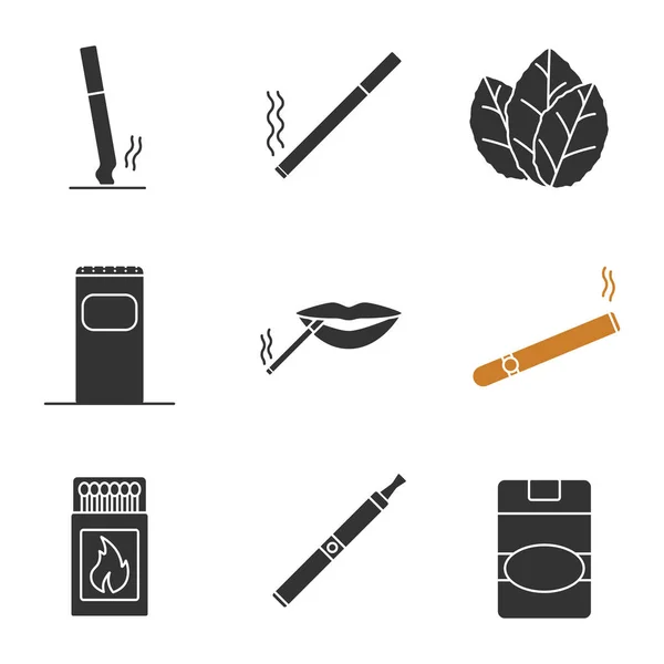 Smoking Glyph Icons Set Stubbed Out Burning Cigarettes Tobacco Leaves — Stock Vector