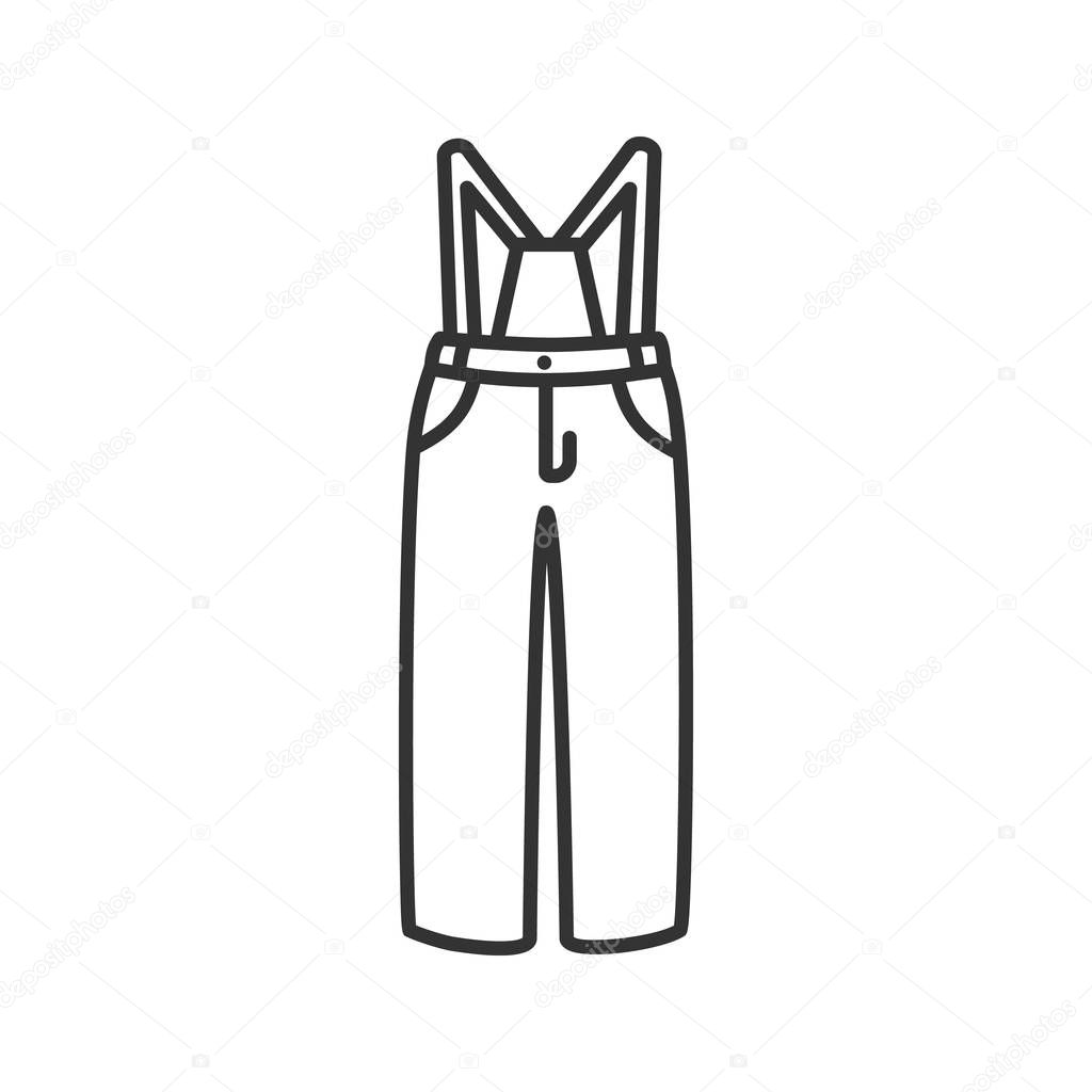 Ski pants linear icon. Winter overall. Thin line illustration. Bib-and-brace. Contour symbol. Vector isolated outline drawing
