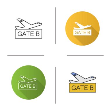Havaalanı kapısı simgesi. Uçuşlar alan bekliyor. Tasarım, doğrusal düz ve stilleri renk. İzole vektör çizimler