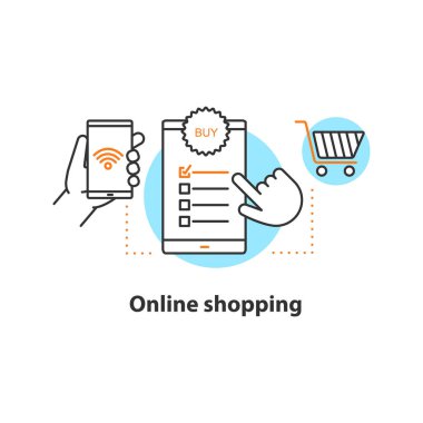 Online alışveriş kavramı simgesi. Dijital satın alma fikri ince hat illüstrasyon. Öğeleri seçin. Çizim vektör izole anahat