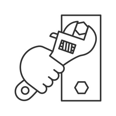 İngiliz anahtarı doğrusal simgesi tutan el. İnce hat illüstrasyon. Kombinasyon anahtar dönüm cıvata. Kontur sembolü. Çizim vektör izole anahat