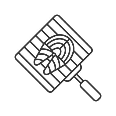 El ızgara somon balık doğrusal simgesi. Barbekü ızgara. İnce hat illüstrasyon. Balık biftek ızgara sepetle. Kontur sembolü. İzole vektör çizim