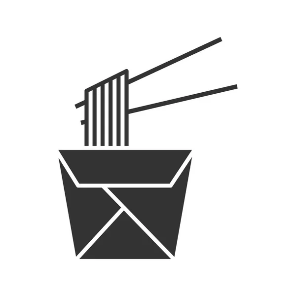 中国面条在纸盒和筷子字形图标 炒锅面条 剪影符号 负空间 矢量隔离插图 — 图库矢量图片