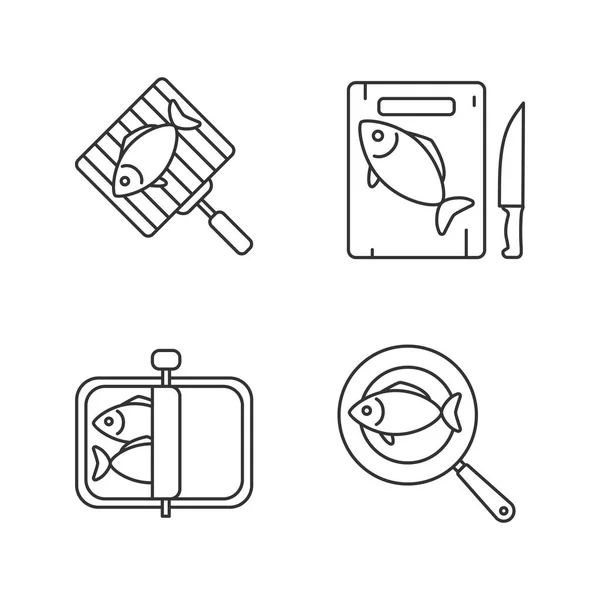 鱼准备线性图标设置 切和烤鱼 细线轮廓符号 独立矢量轮廓插图 — 图库矢量图片