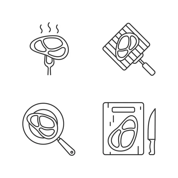 肉类准备线性图标设置 煎炸和切肉牛排 细线轮廓符号 独立矢量轮廓插图 — 图库矢量图片