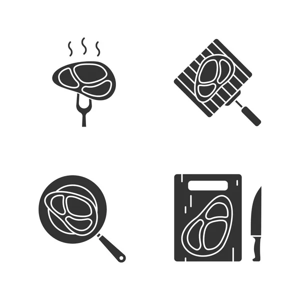 肉类准备标志符号图标设置 煎炸和切肉牛排 剪影符号 矢量隔离插图 — 图库矢量图片