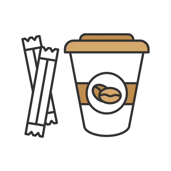 Kaffee Mit Zuckertüten Farb Symbol Einweg Kaffeetasse Mit Deckel Vorhanden — Stockvektor