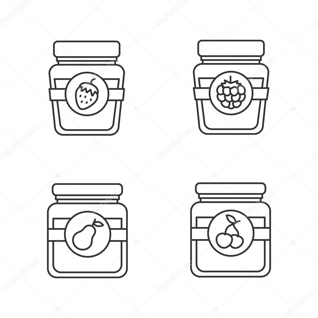 Fruit preserves linear icons set. Pear, cherry, raspberry and strawberry jam jars. Thin line contour symbols. Isolated vector outline illustrations