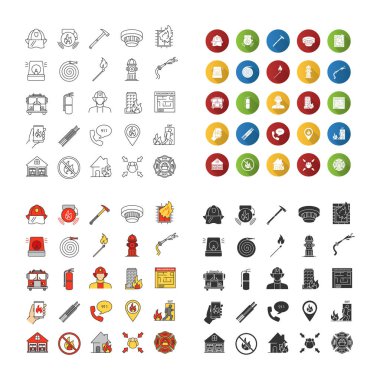 Yangın söndürme Icons set. Doğrusal, düz tasarım, renk ve simge stilleri. izole vektör çizimler