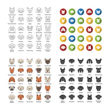 Köpekler doğurmak Icons set. Köpek. Kılavuzu, koruyucu, avcılık, köpekler hayvan sürüsü. Doğrusal, düz tasarım, renk ve simge stilleri. İzole vektör çizimler