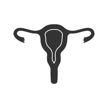 Uterus, fallop tüpleri ve vajina glif simgesi. Kadın üreme sistemi. Siluet simge. Negatif alan. İzole vektör çizim