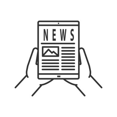 Tablet pc doğrusal simgesi tutan el. Elektronik gazete. İnce hat illüstrasyon. Online haber. Kontur sembolü. Çizim vektör izole anahat