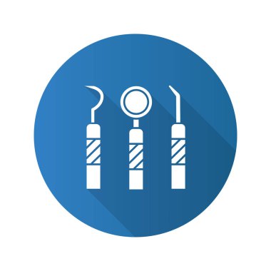 Diş aletleri düz tasarım uzun gölge glif simgesi. Ağız ayna, diş sonda ve dişçi tarak. Vektör siluet çizimi