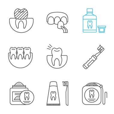 Diş Hekimliği doğrusal Icons set. Diş taç, kaplama, gargara, sağlıklı dişler, diş ağrısı, elektrikli diş fırçası, Diş tozu, ipi, dentifrice. İnce çizgi kontur sembolleri. İzole vektör çizimler