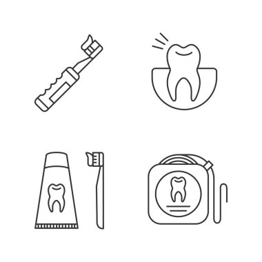 Diş Hekimliği doğrusal Icons set. Stomatology. Diş ağrısı, diş macunu, dentifrice, diş ipi ile elektrikli diş fırçası. İnce çizgi kontur sembolleri. İzole vektör anahat çizimler