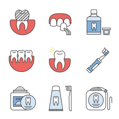 Diş Hekimliği renk simgeler kümesi. Diş taç, kaplama, gargara, sağlıklı dişler, diş ağrısı, elektrikli diş fırçası, Diş tozu, ipi, dentifrice. İzole vektör çizimler