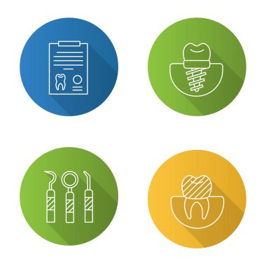 Diş Hekimliği düz doğrusal uzun gölge simgeler kümesi. Stomatology. Tanı raporu, diş implant ve taç, diş aletleri. Vektör anahat çizim