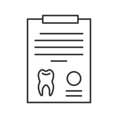 Diş tanılama raporu doğrusal simgesi. İnce hat illüstrasyon. Diş hekimi tavsiye. Kontur sembolü. Çizim vektör izole anahat