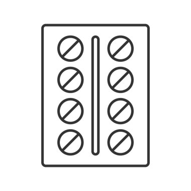 Hapları blister doğrusal simgesi. İnce hat illüstrasyon. İlaçlar. Kontur sembolü. Çizim vektör izole anahat