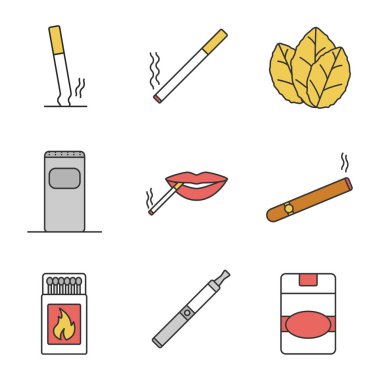 Sigara renk simgeleri ayarlayın. Çarptım ve yanan sigara, tütün yaprakları, çöp kutusu, Sigara içen ağız, puro, kibrit kutusu, vape, Sigara paketi. İzole vektör çizimler