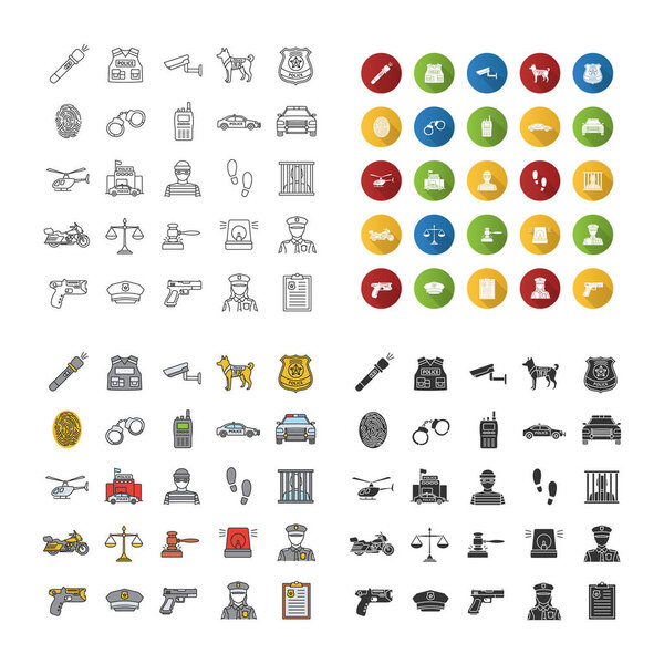 Police force icons set. Law enforcement. Transport, protection equipment, weapon. Linear, flat design, color and glyph styles. isolated vector illustrations