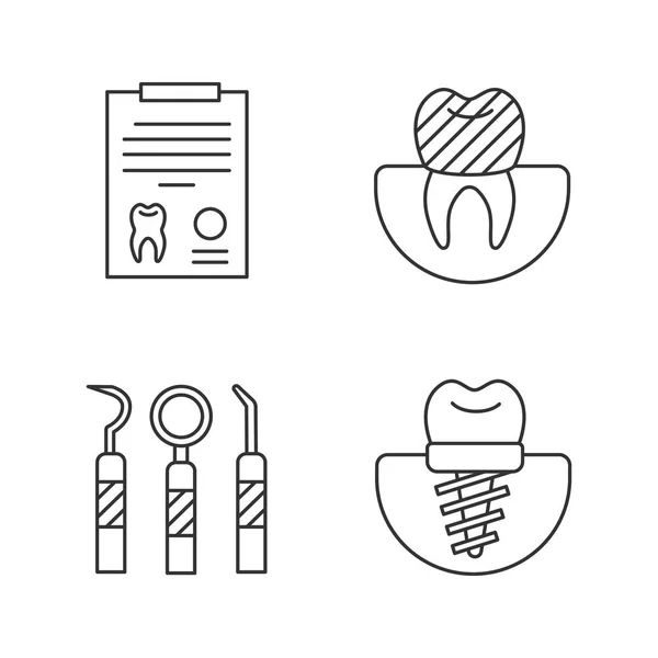 Set Iconos Lineales Odontología Estomatología Informe Diagnóstico Implante Dental Corona — Vector de stock