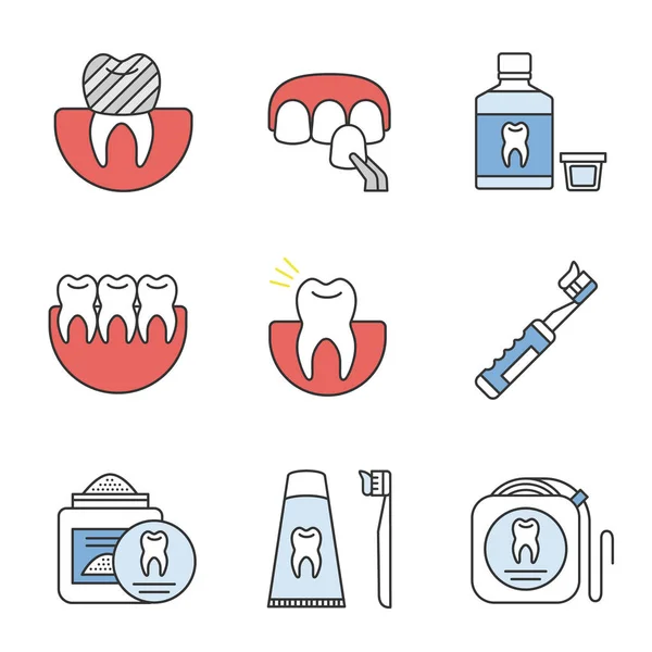 Conjunto Ícones Cores Odontológicas Coroa Dentária Folheado Enxaguatório Bucal Dentes — Vetor de Stock