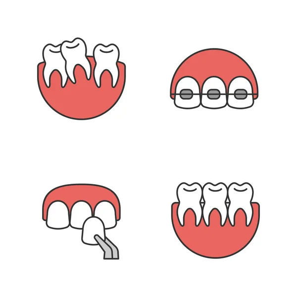 Conjunto Ícones Cores Odontológicas Estomatologia Dentes Tortos Saudáveis Aparelho Dentário —  Vetores de Stock