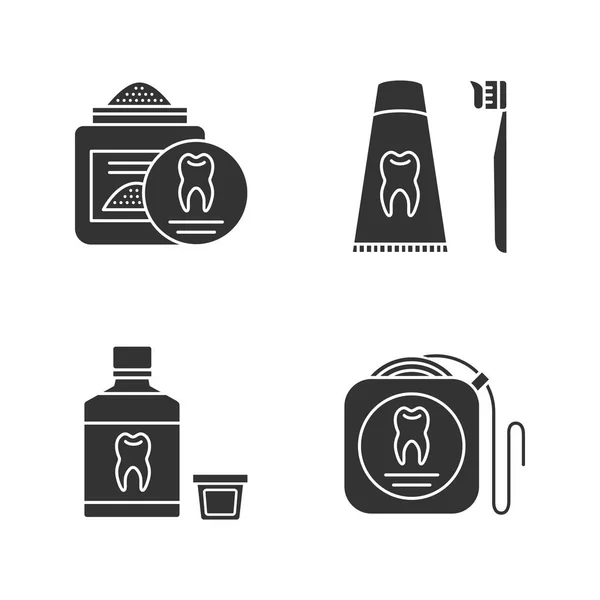 Ensemble Icônes Glyphe Dentisterie Stomatologie Poudre Dents Fil Dentaire Rince — Image vectorielle
