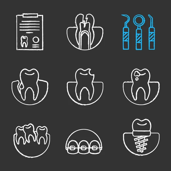 Dentistry Chalk Icons Set Medical Report Toothache Dental Instruments Gingivitis — Stock Vector