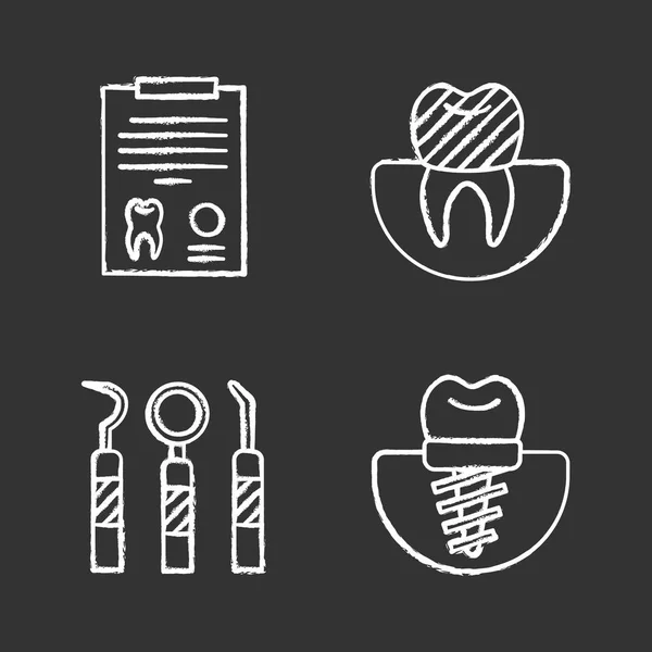 Dentistry Chalk Icons Set Stomatology Diagnostic Report Tooth Implant Crown — Stock Vector