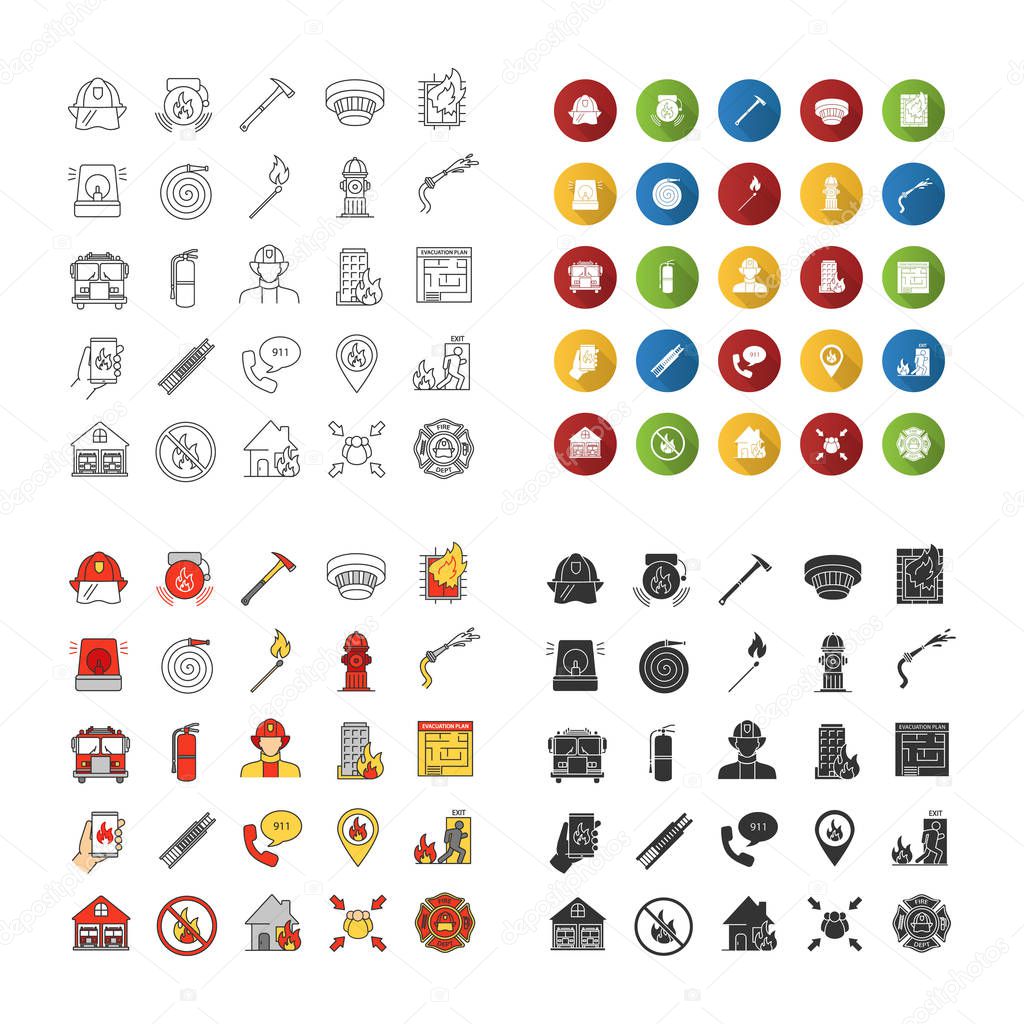 Firefighting icons set. Linear, flat design, color and glyph styles. isolated vector illustrations
