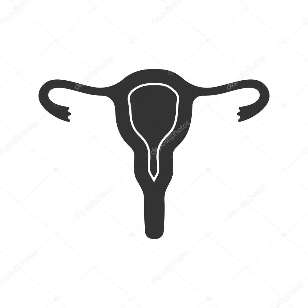 Uterus, fallopian tubes and vagina glyph icon. Female reproductive system. Silhouette symbol. Negative space. Vector isolated illustration
